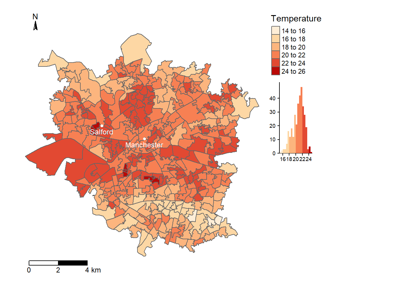 Average temperature per LSOA in Manchester, calcualted from Landsat imagery dated 13/5/19, following the methodology specified by Guha et al. 2018