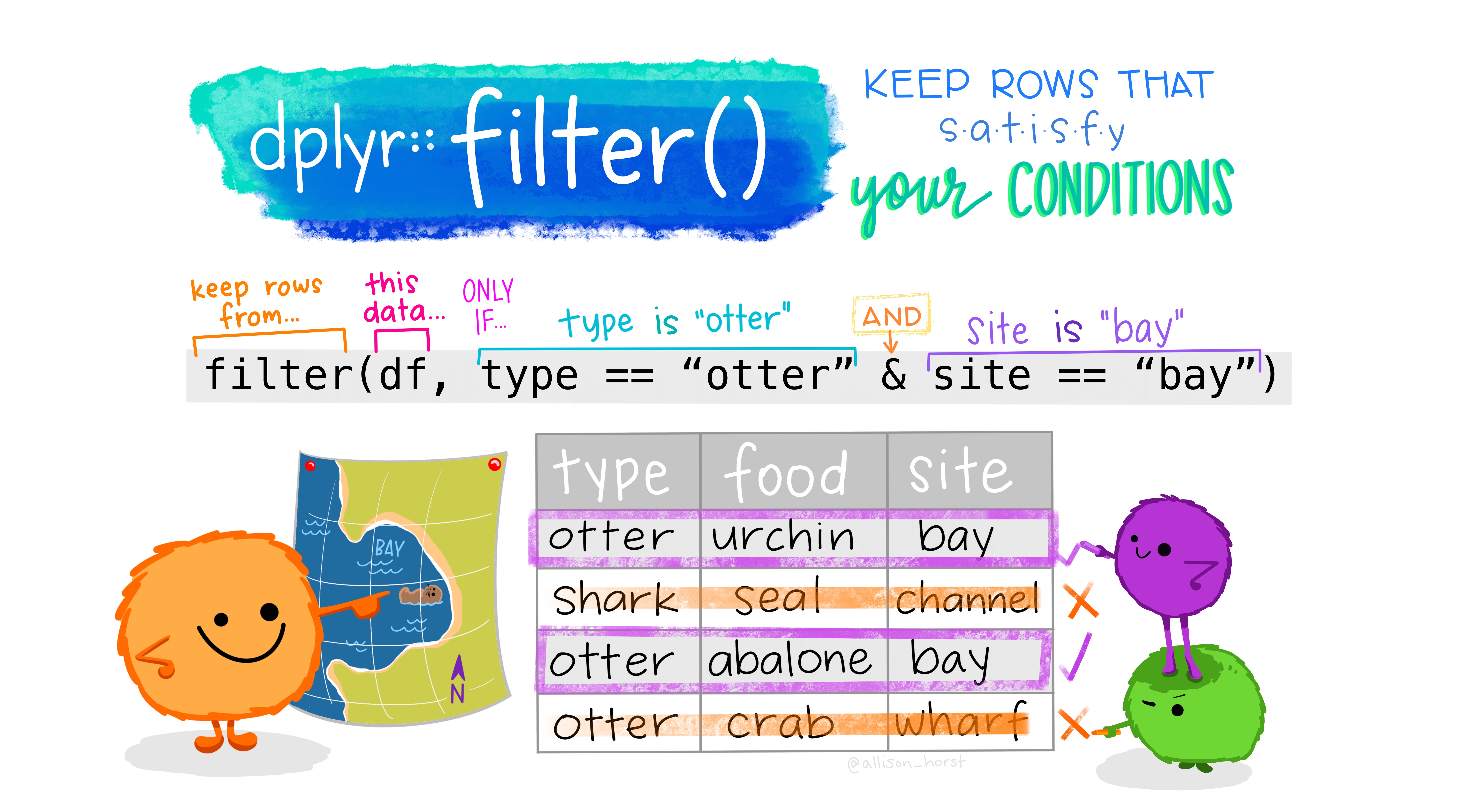 dplyr::filter() example. Source: [Allison Horst data science and stats illustrations](https://github.com/allisonhorst/stats-illustrations)